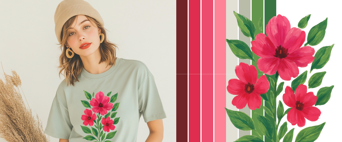 Woman in pink floral graphic tee with soft green color palette — The Folk Brush