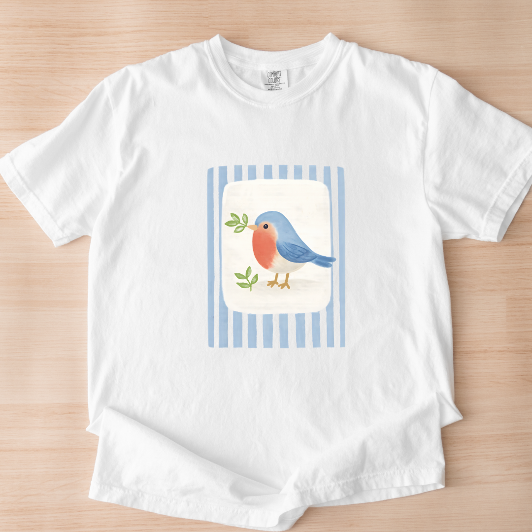 Blue Robin Bird Illustration Graphic Tee