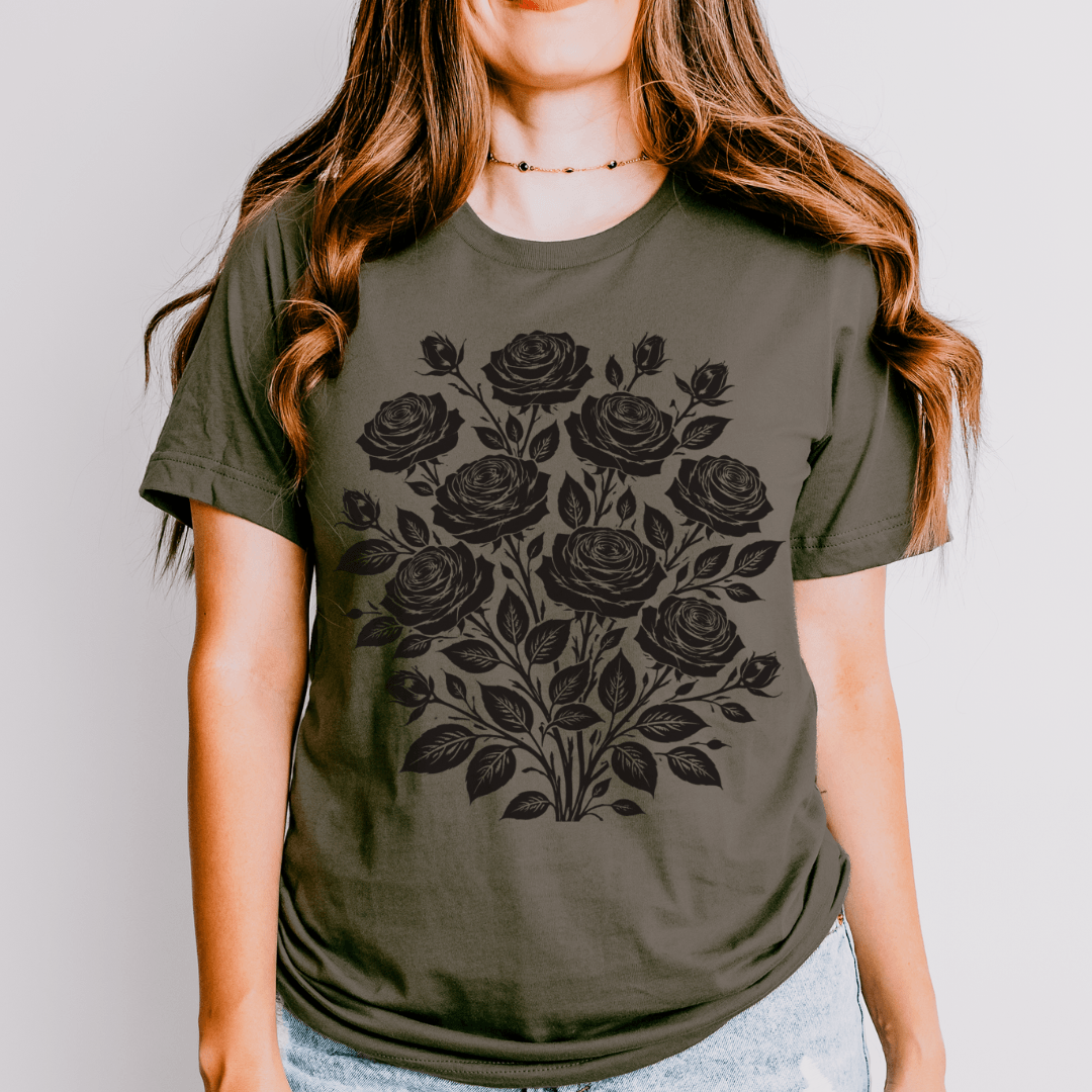 Army Bella+Canvas 3001 t-shirt with vintage black floral bouquet illustration