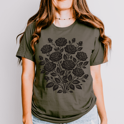 Army Bella+Canvas 3001 t-shirt with vintage black floral bouquet illustration