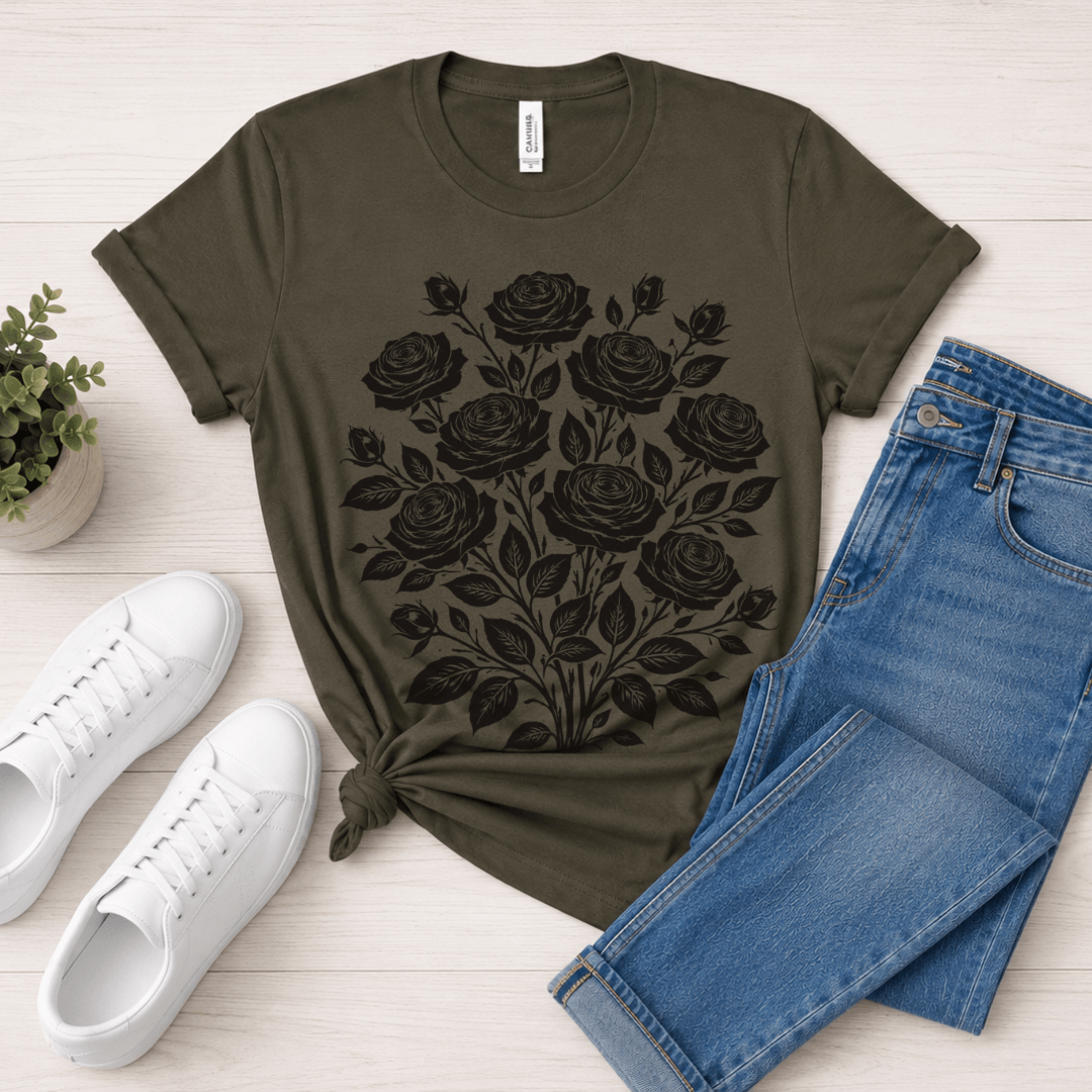 Army Bella+Canvas 3001 t-shirt with vintage black roses bouquet, flat lay
