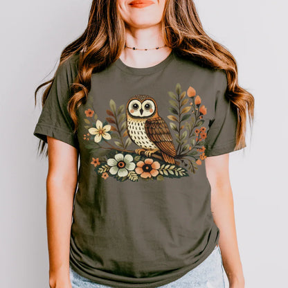Army green Bella+Canvas 3001 tee with boho owl graphic and hand-drawn wildflowers