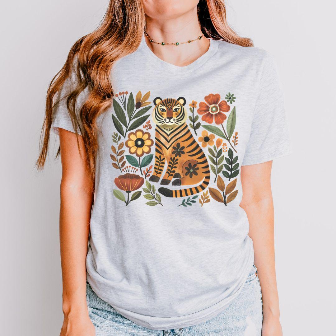 Ash Bella+Canvas 3001 t-shirt with folk art tiger and wildflower illustration