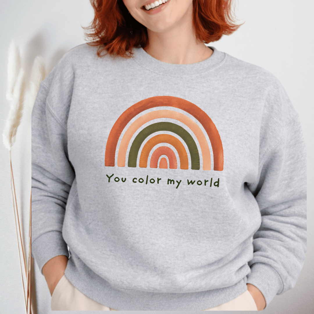 Ash Gildan 18000 crewneck sweatshirt with rainbow and inspirational text