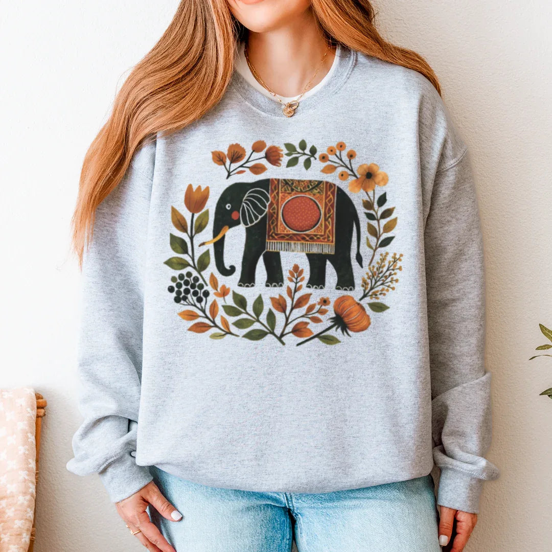Ash Gildan 18000 sweatshirt with boho elephant and botanical wreath graphic in earthy colors