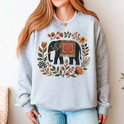Ash Gildan 18000 sweatshirt with boho elephant and botanical wreath graphic in earthy colors