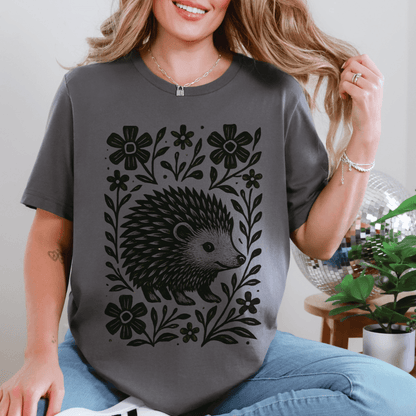 Asphalt Bella+Canvas 3001 t-shirt with folk hedgehog linocut illustration