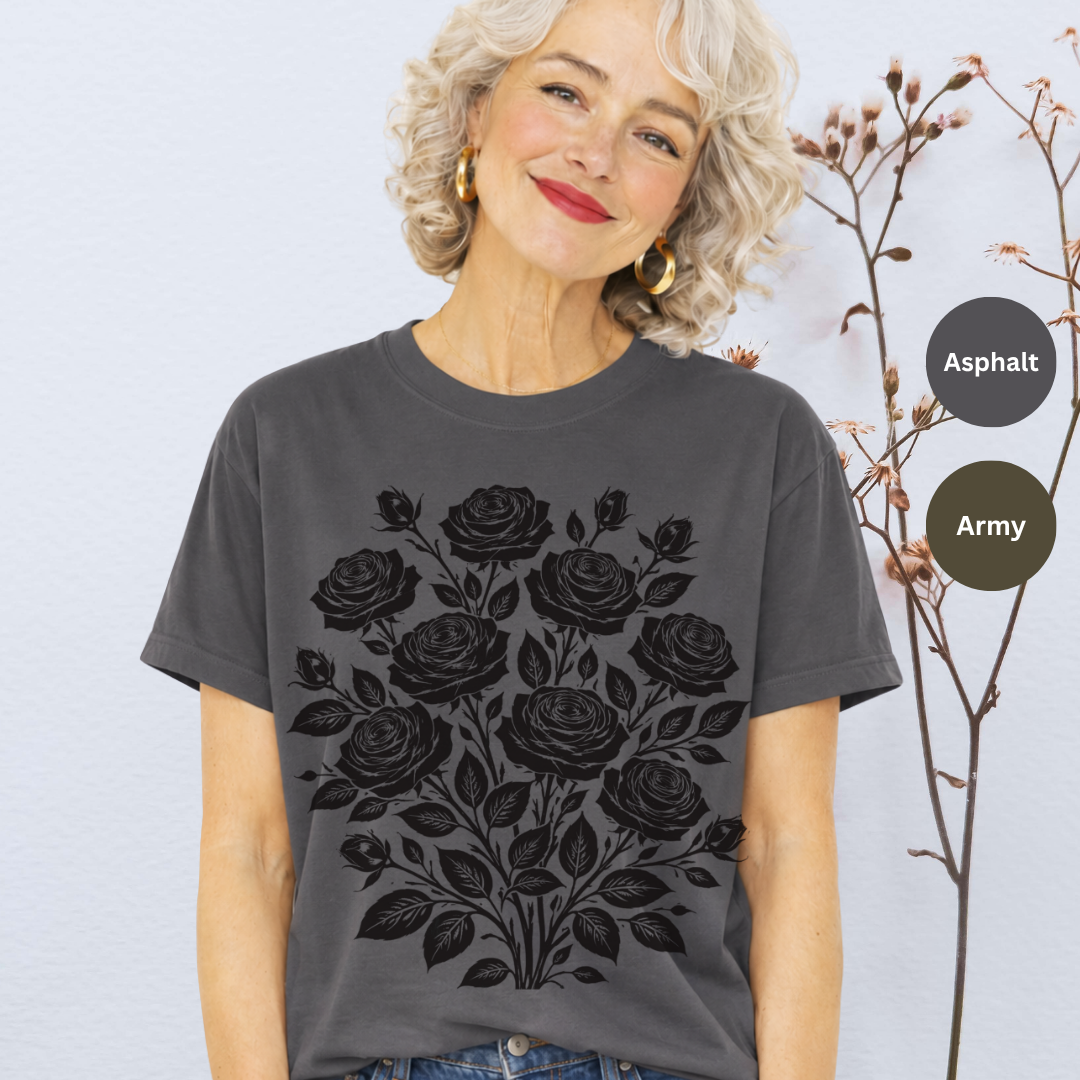 Asphalt Bella+Canvas 3001 t-shirt with vintage black roses bouquet graphic in folk art style