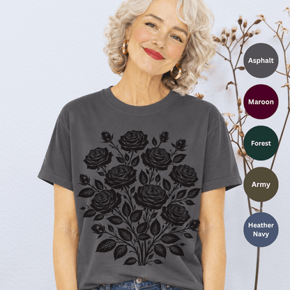 Asphalt Bella+Canvas 3001 t-shirt with vintage black roses bouquet graphic in folk art style
