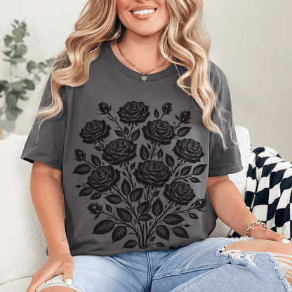 Asphalt Bella+Canvas 3001 tee with bold folk black floral graphic