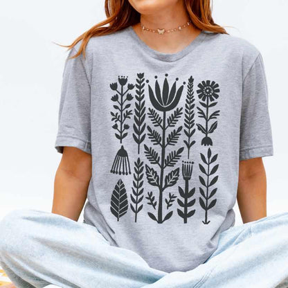 Athletic heather Bella+Canvas 3001 t-shirt with scandi botanical silhouette print