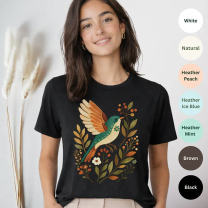 Autumn Songbird Graphic Tee — color options Black, White, Natural, Heather Peach, Heather Ice Blue, Heather Mint, Brown — Bella+Canvas 3001