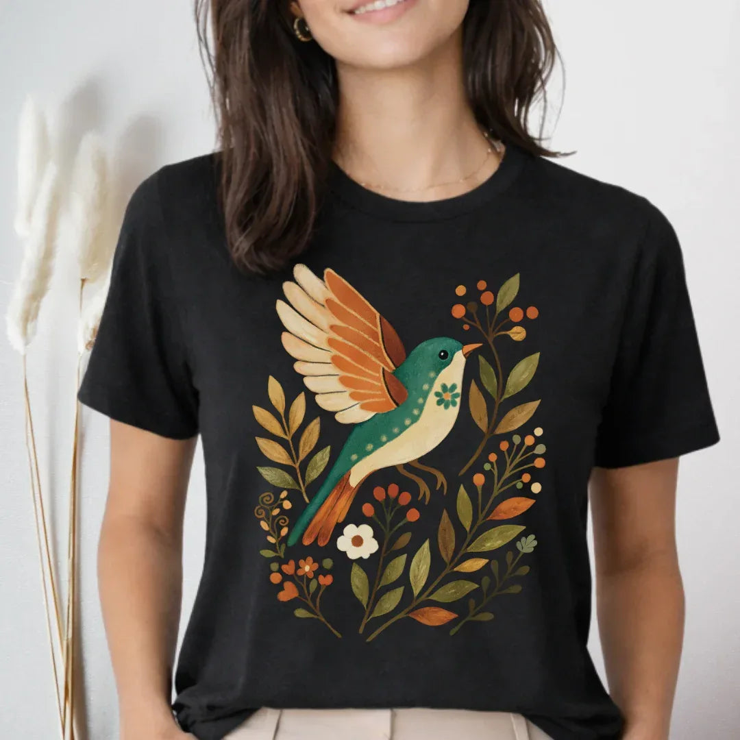 Autumn Songbird Graphic Tee in Black — folk art songbird and botanical print by The Folk Brush