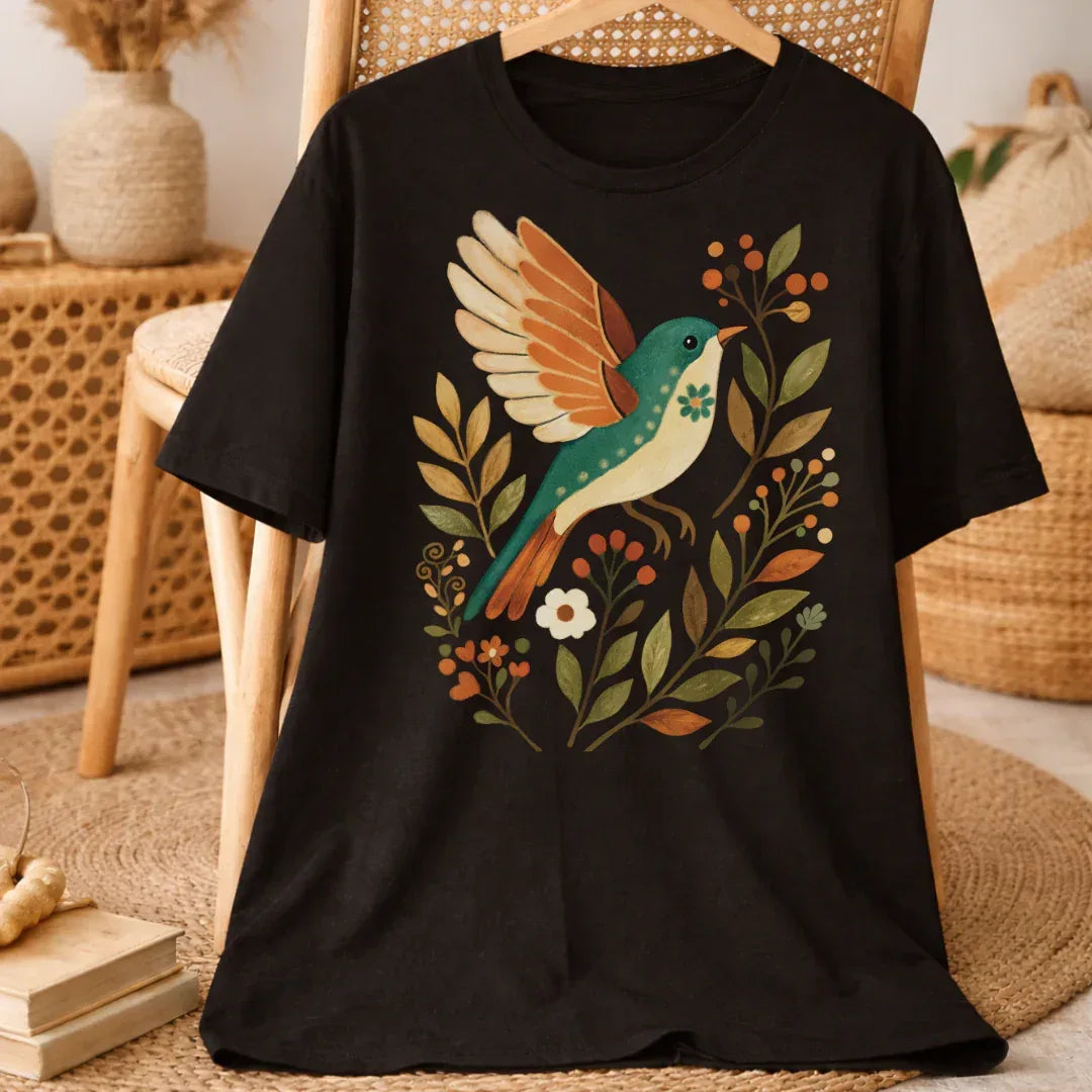 Autumn Songbird Graphic Tee in Black — folk creatures bird print detail