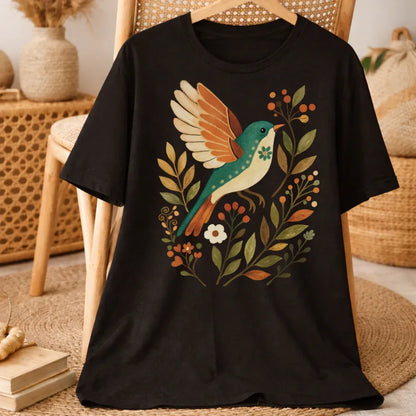 Autumn Songbird Graphic Tee in Black — folk creatures bird print detail
