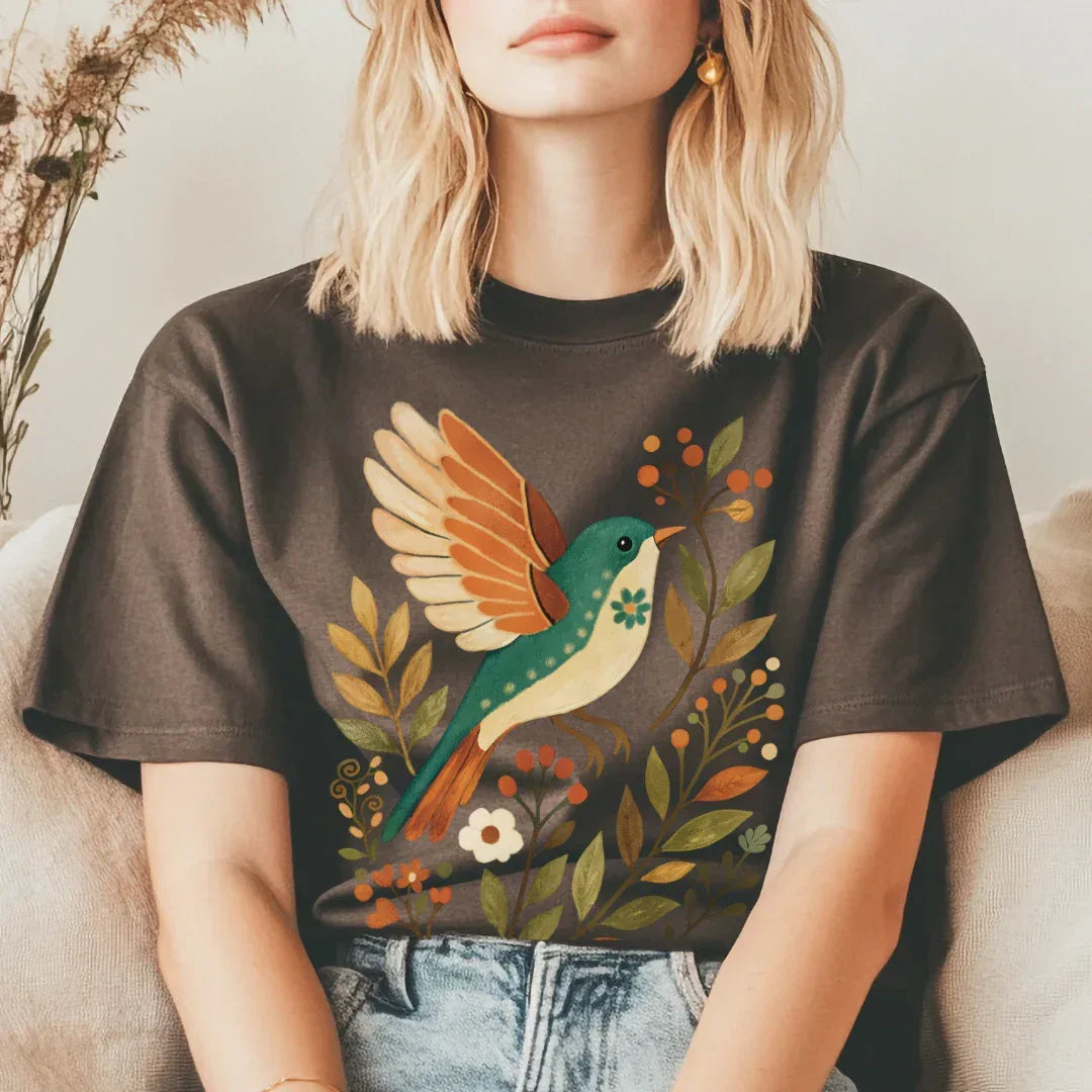 Autumn Songbird Graphic Tee in Brown — folk art songbird and warm botanicals