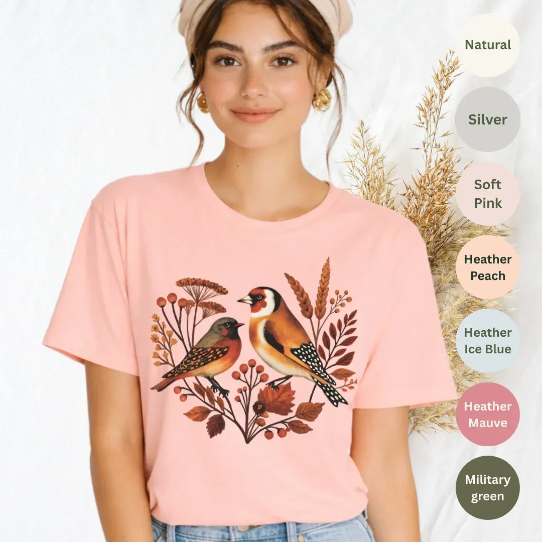 Autumn Songbirds Vintage Graphic T-Shirt — color options Natural, Silver, Soft Pink, Heather Peach, Heather Ice Blue, Heather Mauve, Military Green — Bella+Canvas 3001