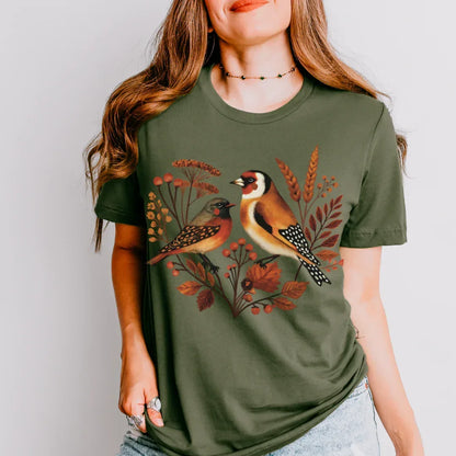 Autumn Songbirds Vintage Graphic T-Shirt in Military Green — earthy folk art songbird tee