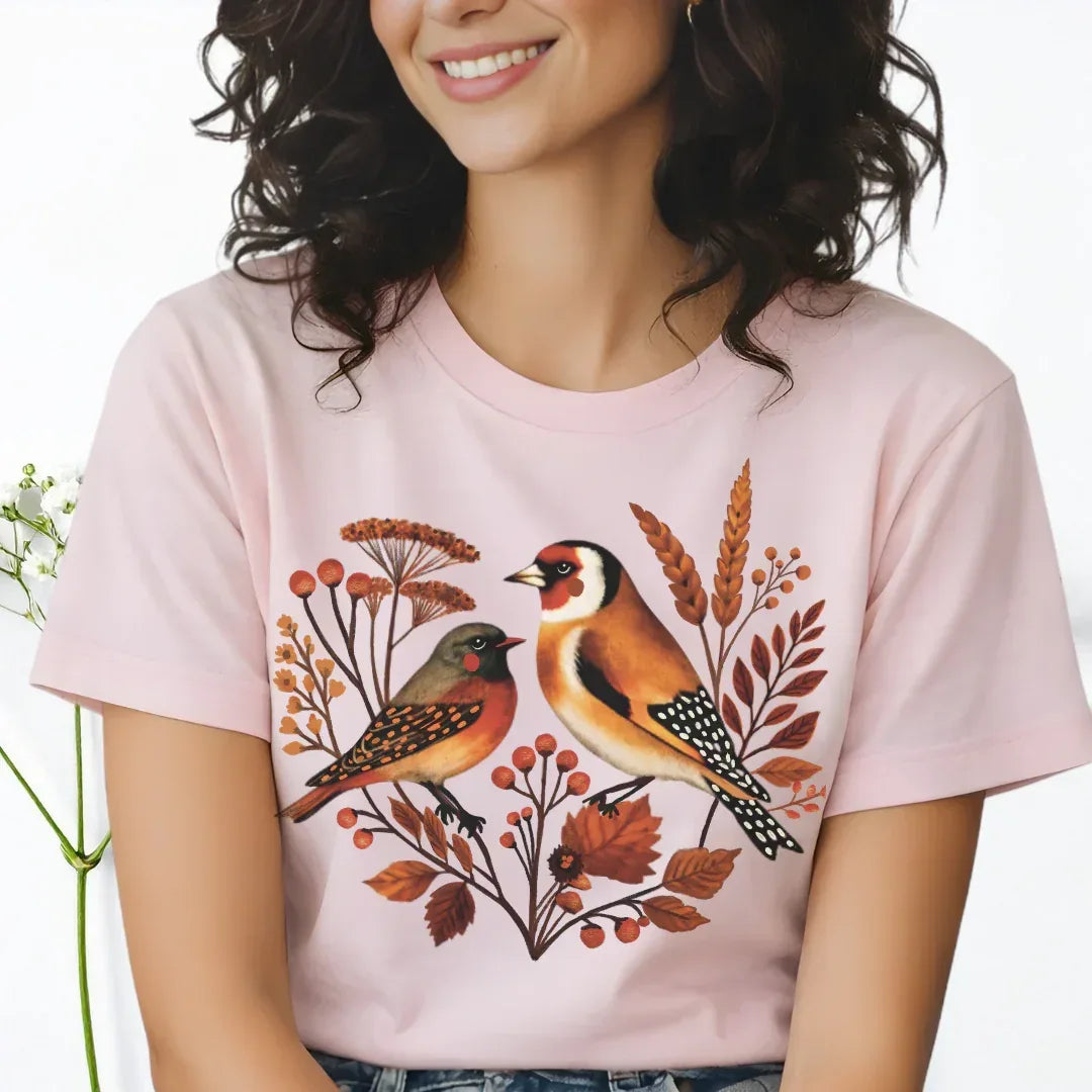 Autumn Songbirds Vintage Graphic T-Shirt in Soft Pink — folk art songbird and autumn blooms print