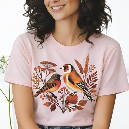 Autumn Songbirds Vintage Graphic T-Shirt in Soft Pink — folk art songbird and autumn blooms print