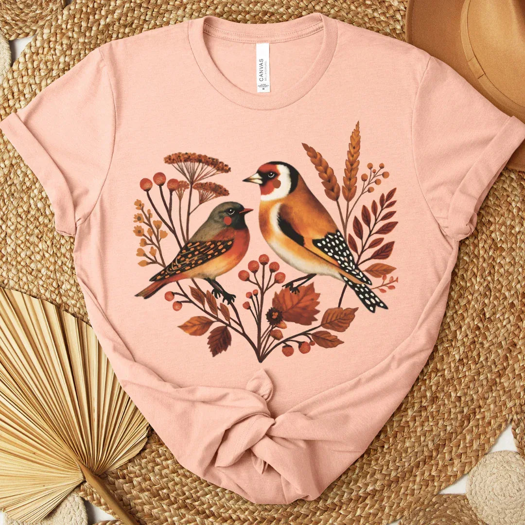 Autumn Songbirds Vintage Graphic T-Shirt in peach color— autumn folk art print detail
