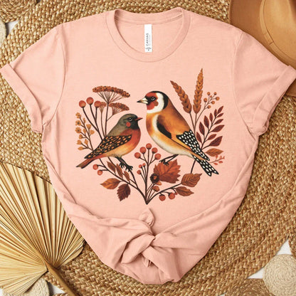 Autumn Songbirds Vintage Graphic T-Shirt in peach color— autumn folk art print detail