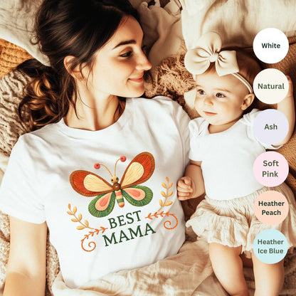 Best Mama Butterfly Shirt — color options White, Natural, Ash, Soft Pink, Heather Peach, Heather Ice Blue — Bella+Canvas 3001