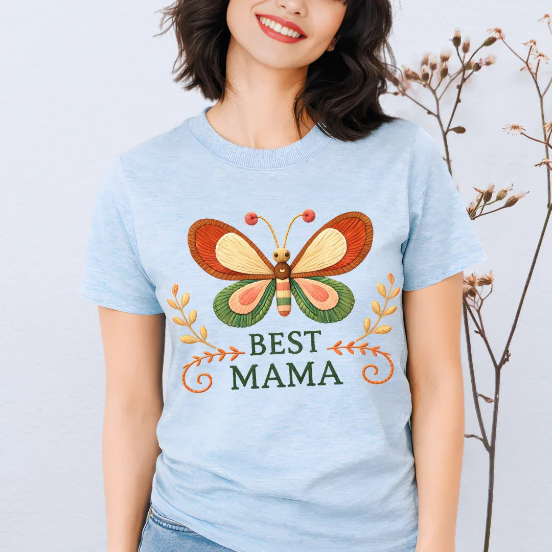 Best Mama Butterfly Shirt in Heather Ice Blue — folk art butterfly mama tee