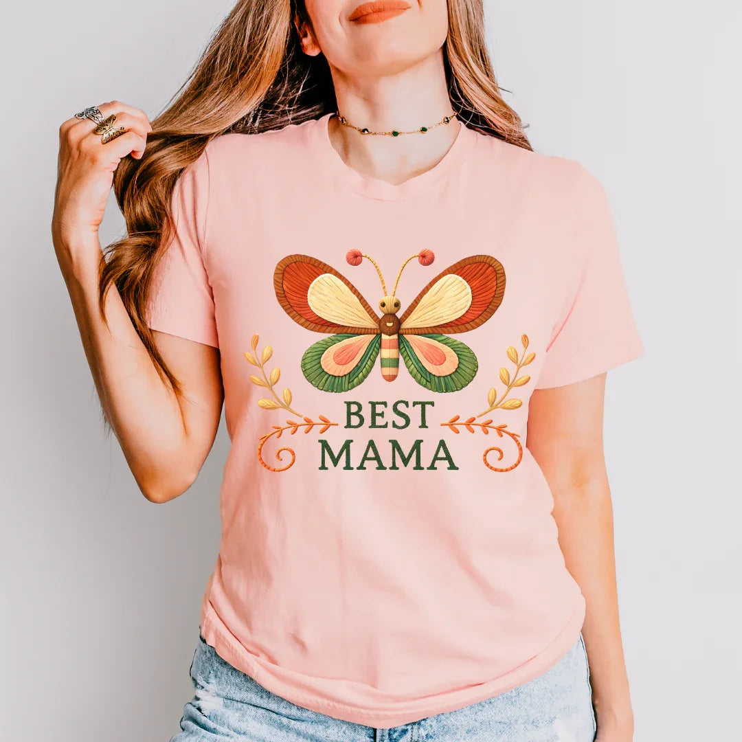 Best Mama Butterfly Shirt in Heather Peach — Best Mama folk art butterfly shirt
