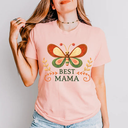 Best Mama Butterfly Shirt in Heather Peach — Best Mama folk art butterfly shirt