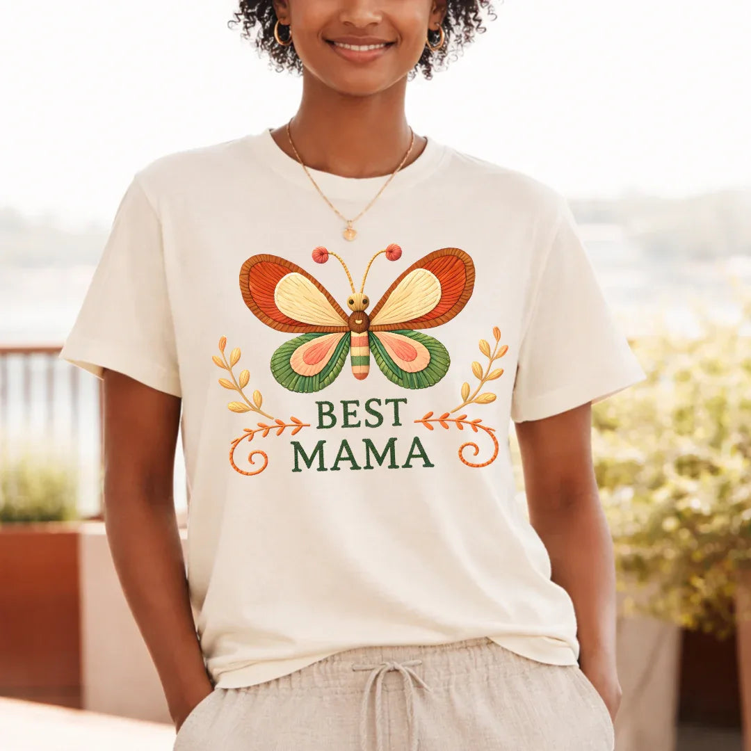 Best Mama Butterfly Shirt in Natural — folk art butterfly Best Mama tee by The Folk Brush