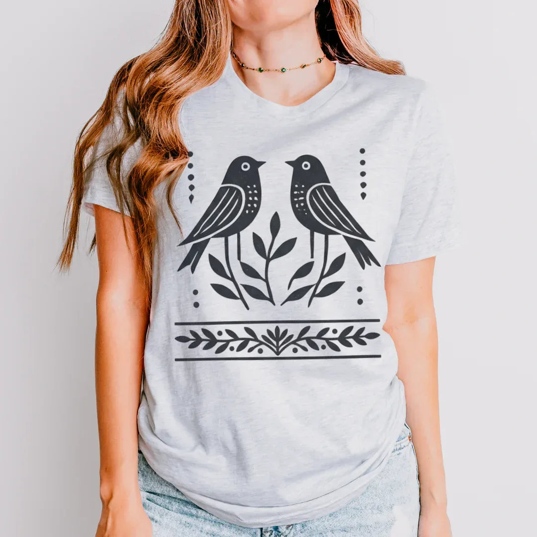 Bird folk scandi t-shirt in ash color — Scandinavian folk art graphic tee made to order