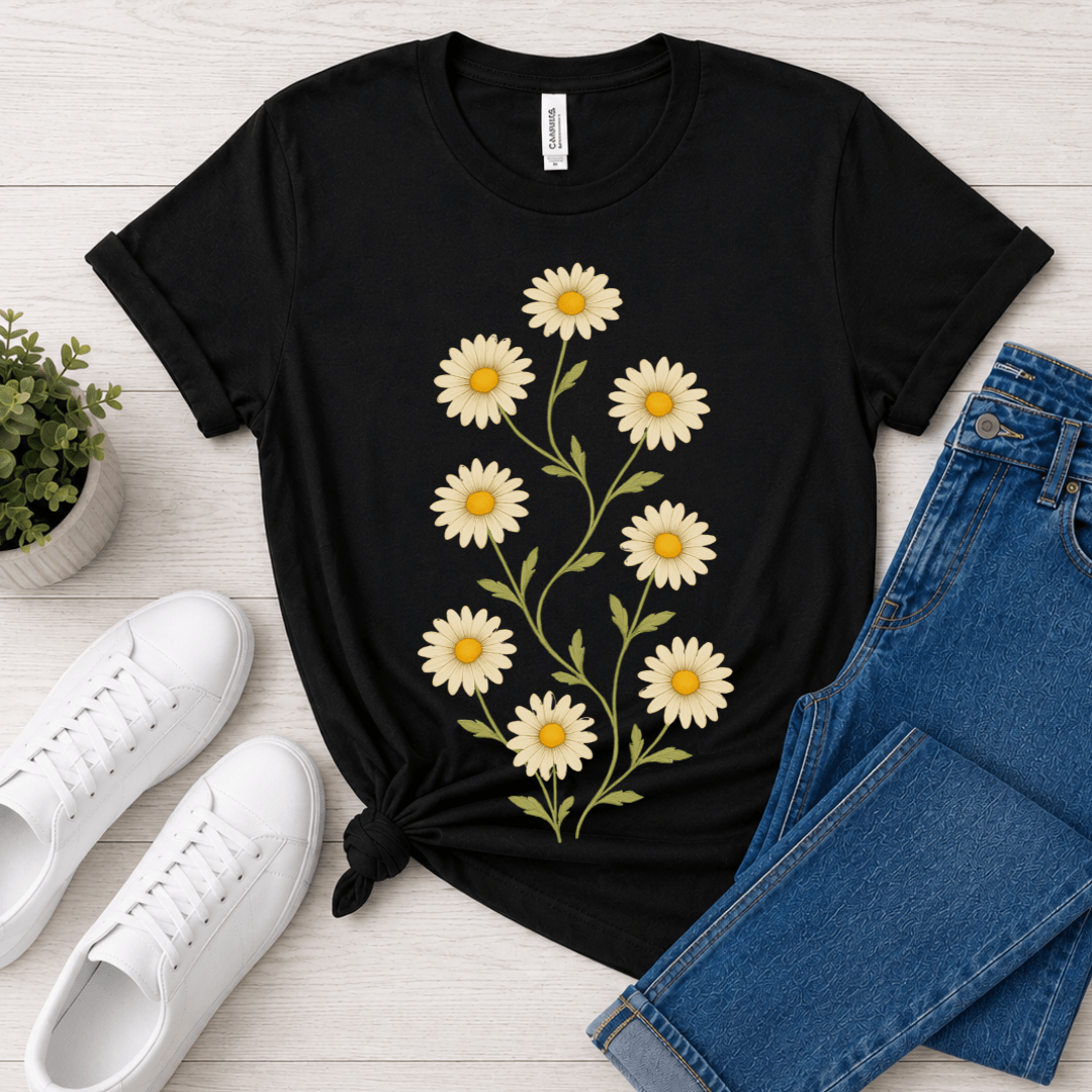 Black Bella+Canvas 3001 t-shirt with daisy stem graphic, flat lay