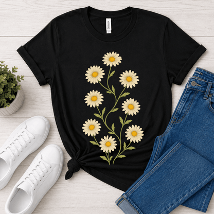 Black Bella+Canvas 3001 t-shirt with daisy stem graphic, flat lay