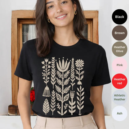 Black Bella+Canvas 3001 t-shirt with scandi folk botanical silhouette print in cream