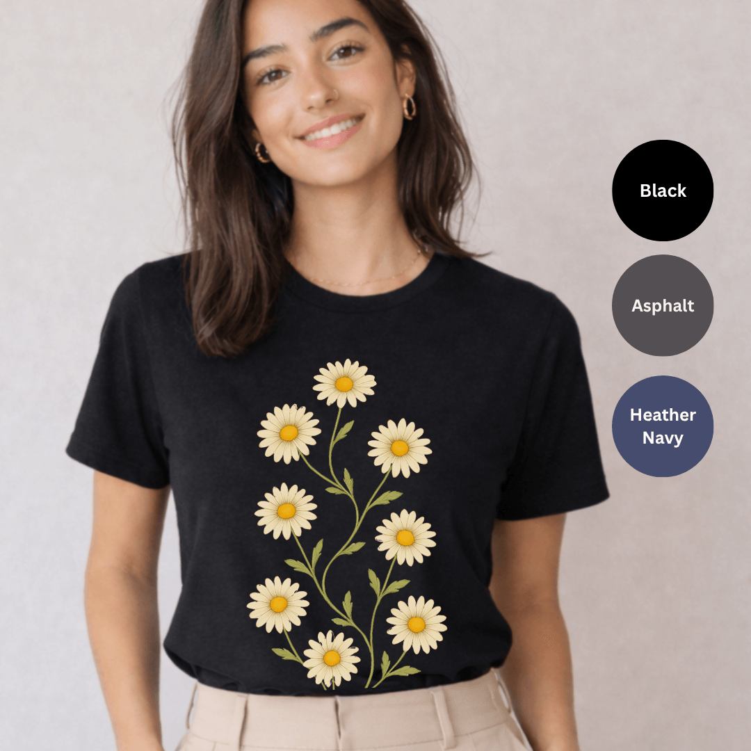 Black Bella+Canvas 3001 t-shirt with vertical daisy stem graphic in warm yellow and muted green