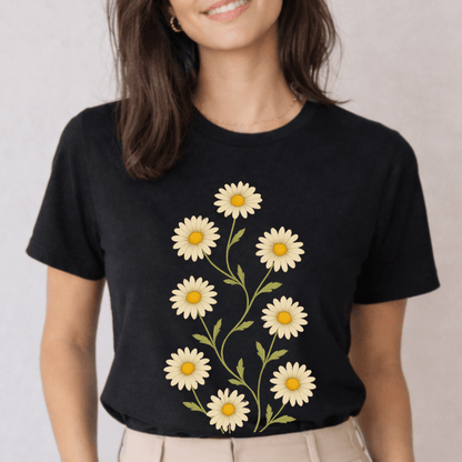 Black Bella+Canvas 3001 tee with daisy stem floral illustration