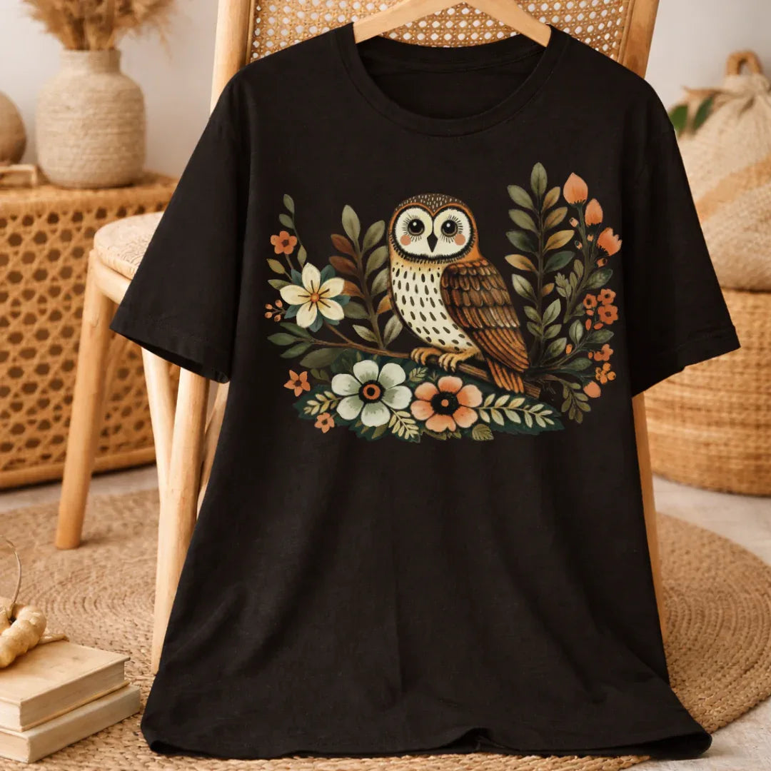 Black Bella+Canvas 3001 tee with vintage owl and wildflower graphic