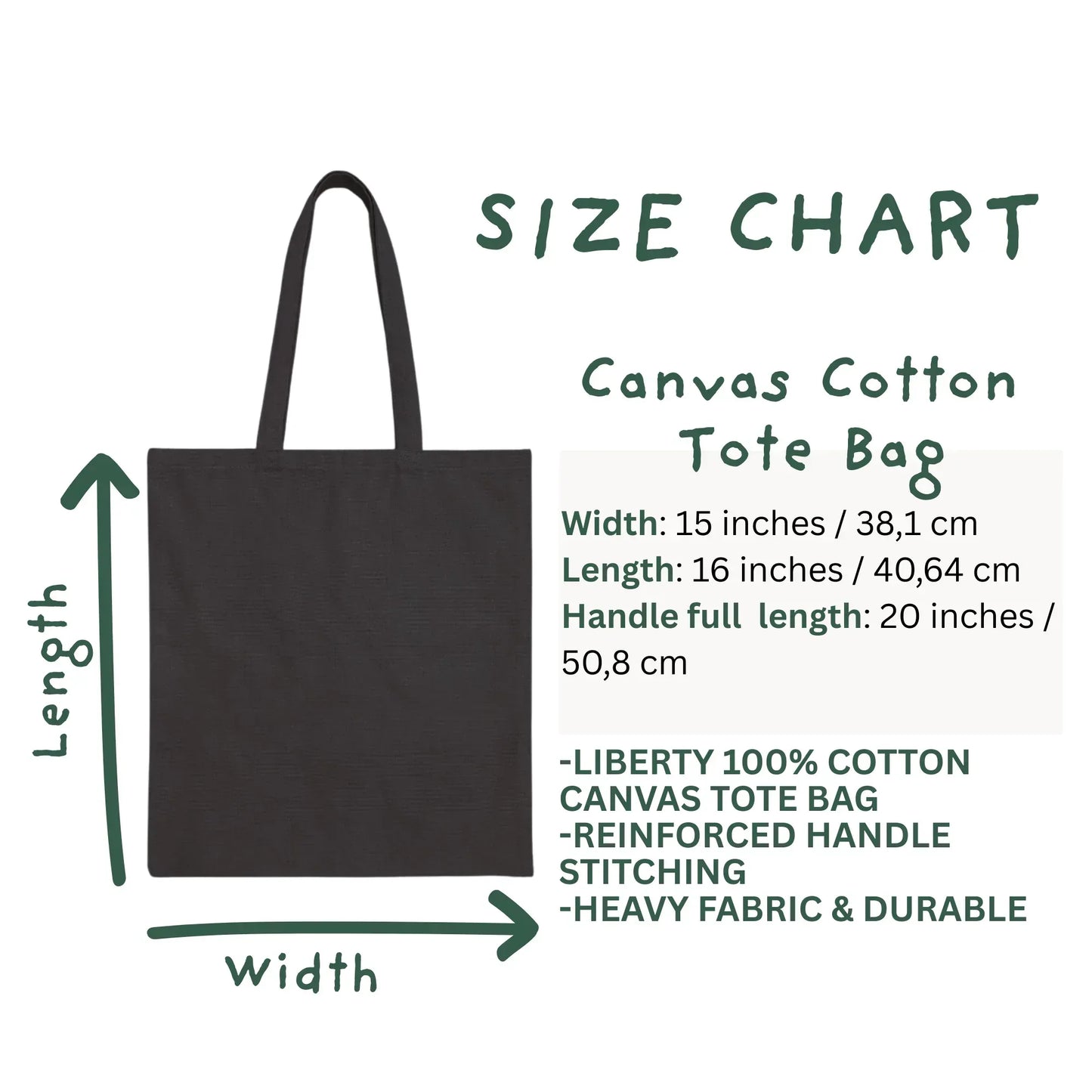 Size chart canvas cotton tote bag 15x16 inches — vintage daisy tote by The Folk Brush