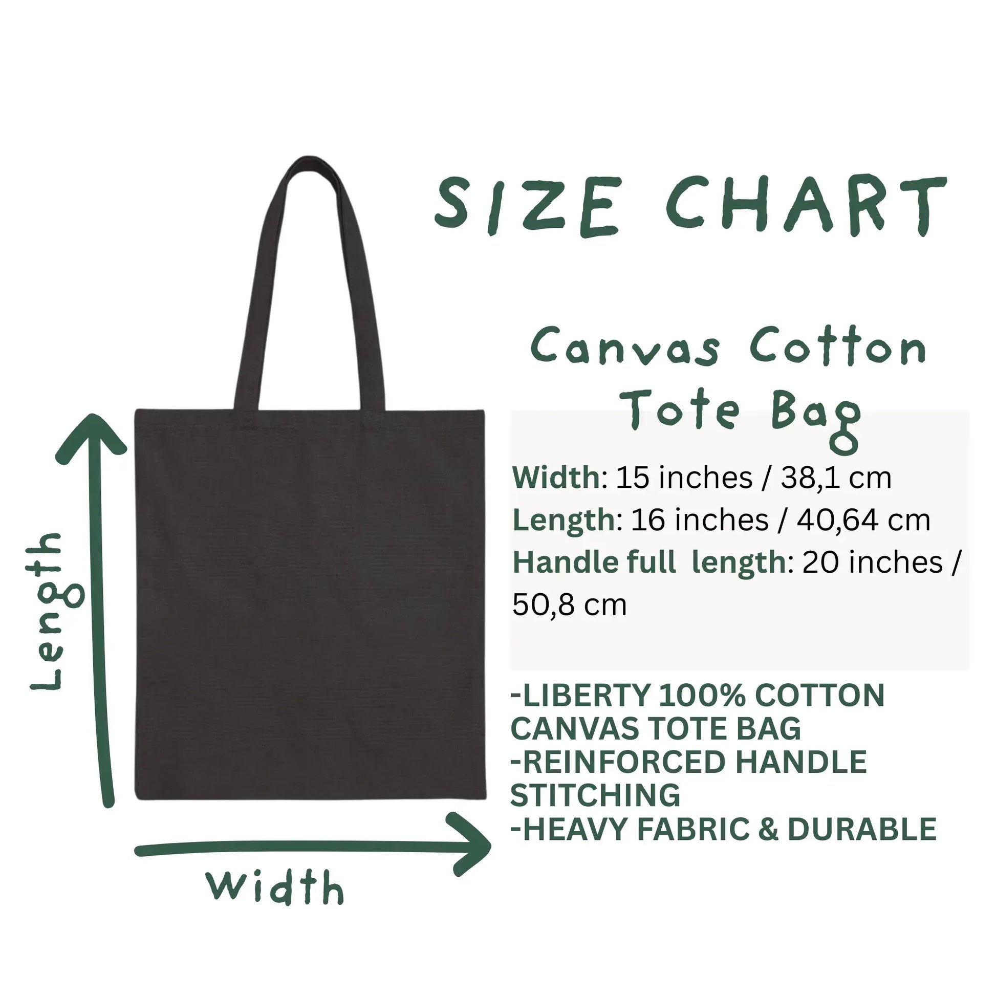 Size chart canvas cotton tote bag 15x16 inches — vintage daisy tote by The Folk Brush