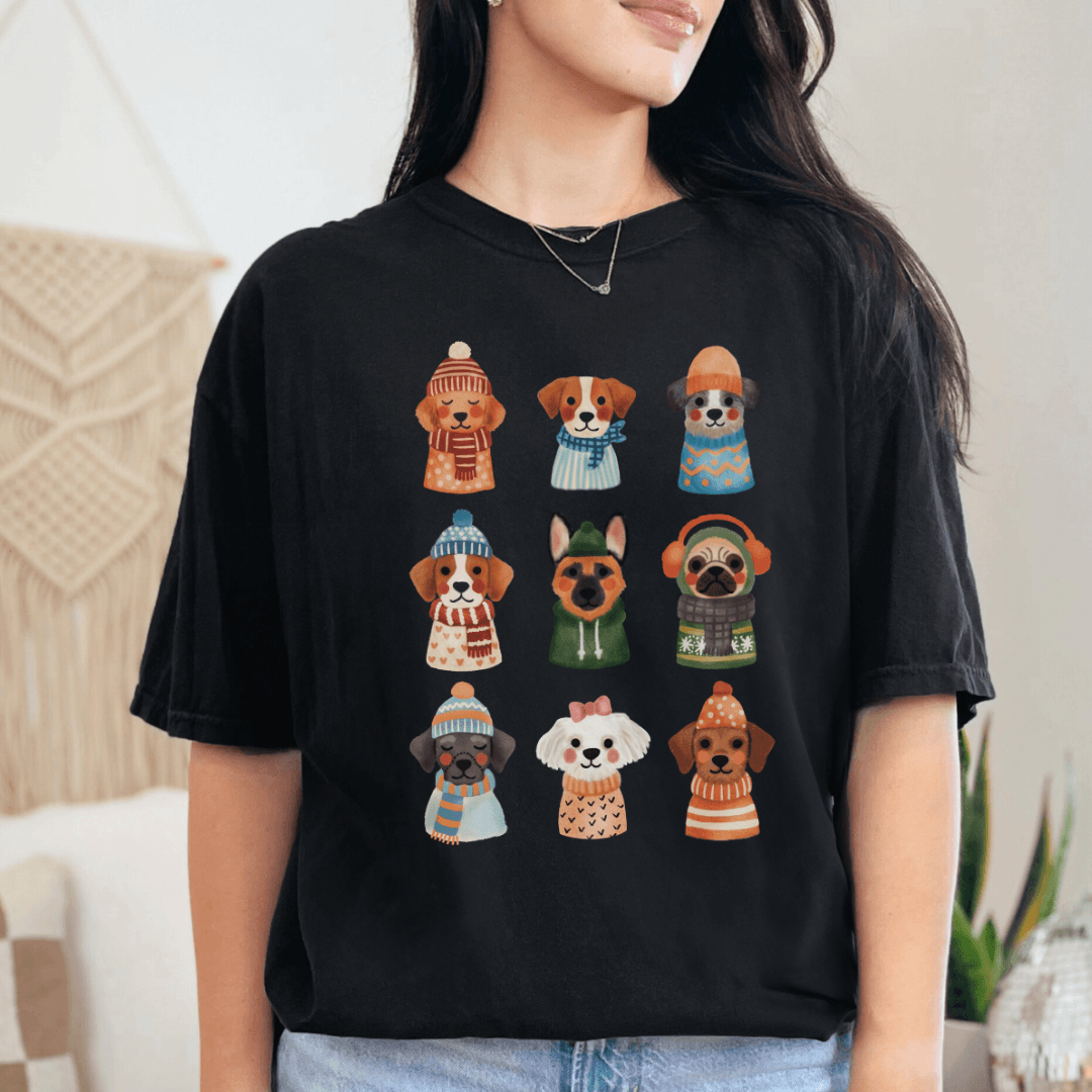 Black Comfort Colors 1717 t-shirt with cozy puppies in knitwear graphic