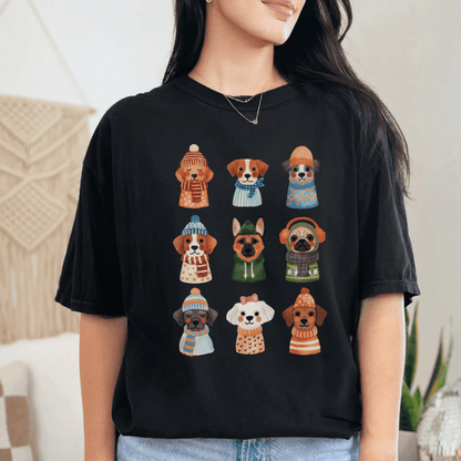 Black Comfort Colors 1717 t-shirt with cozy puppies in knitwear graphic