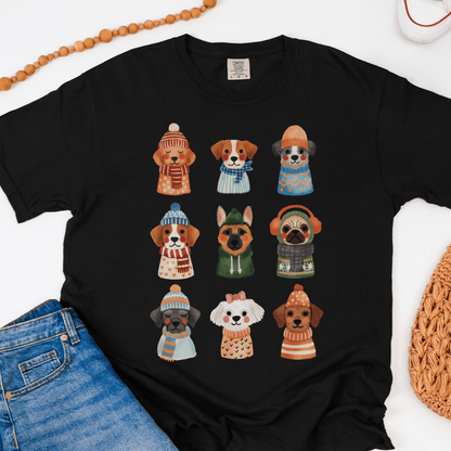 Black Comfort Colors 1717 tee with puppies in cozy knitwear, flat lay