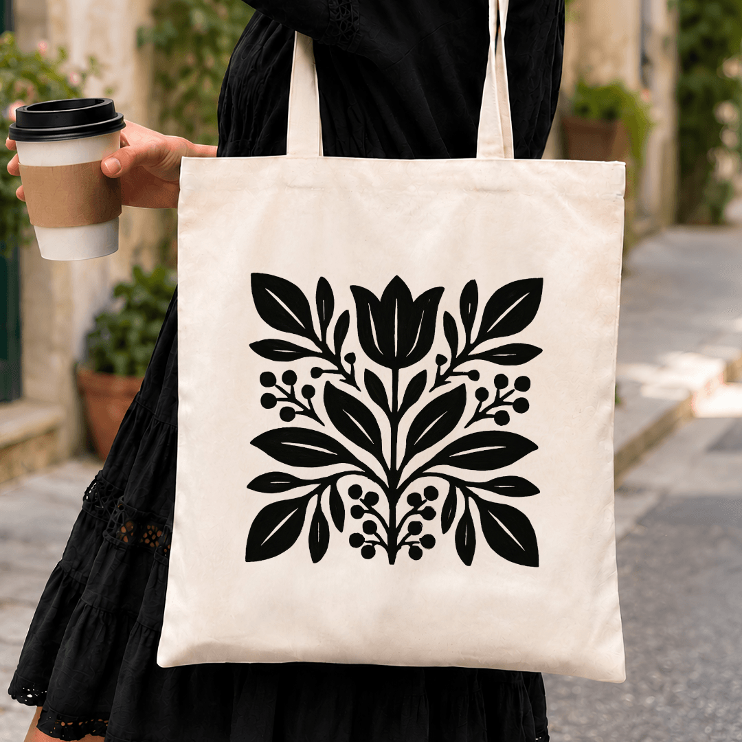 Black folk tulip print, natural canvas cotton tote bag