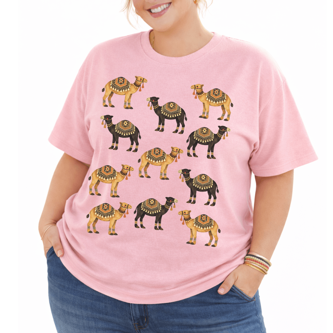 Blossom pink Comfort Colors 1717 t-shirt with desert camel pattern, plus size