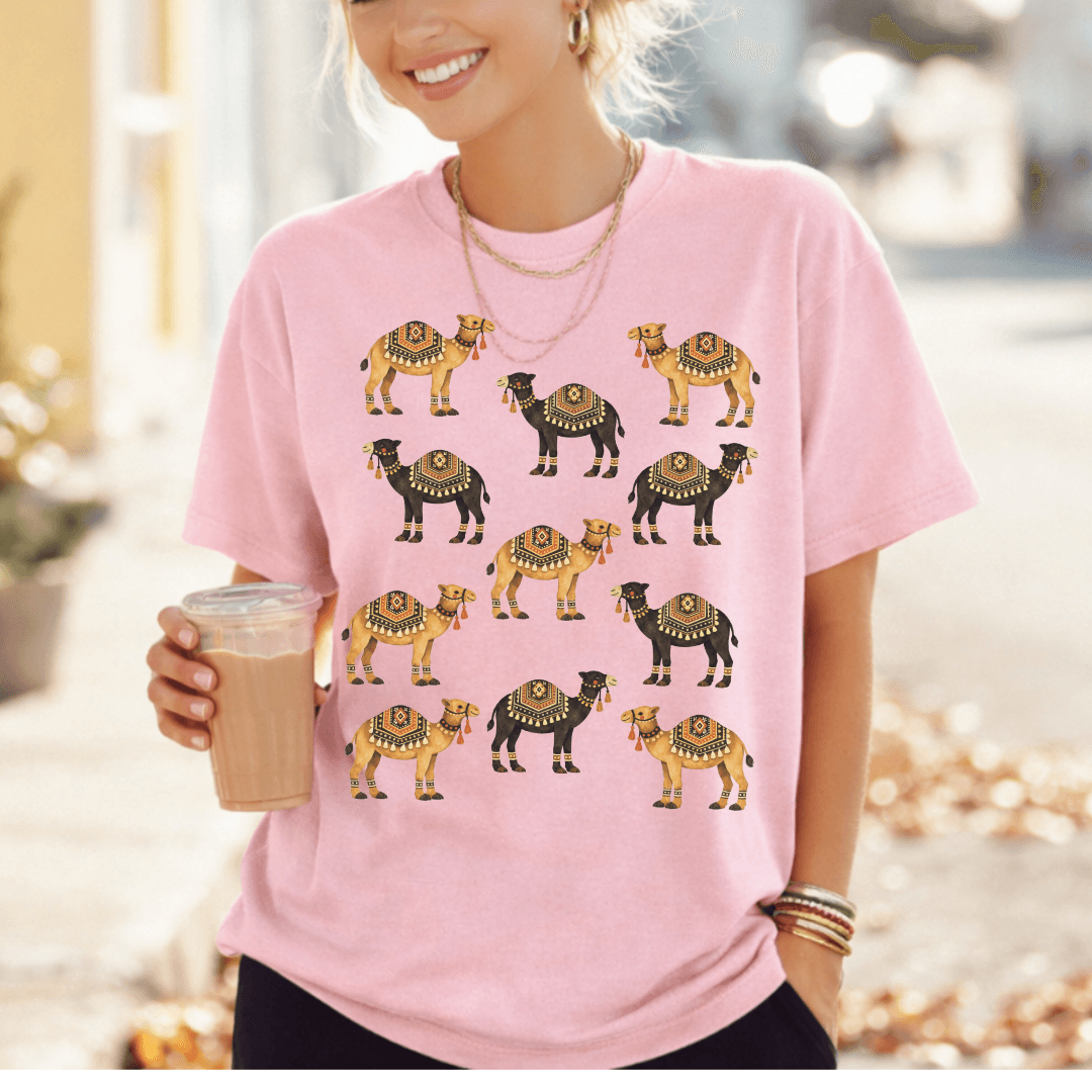 Blossom pink Comfort Colors 1717 t-shirt with hand-drawn camel graphic