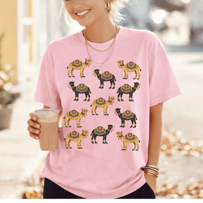 Blossom pink Comfort Colors 1717 t-shirt with hand-drawn camel graphic