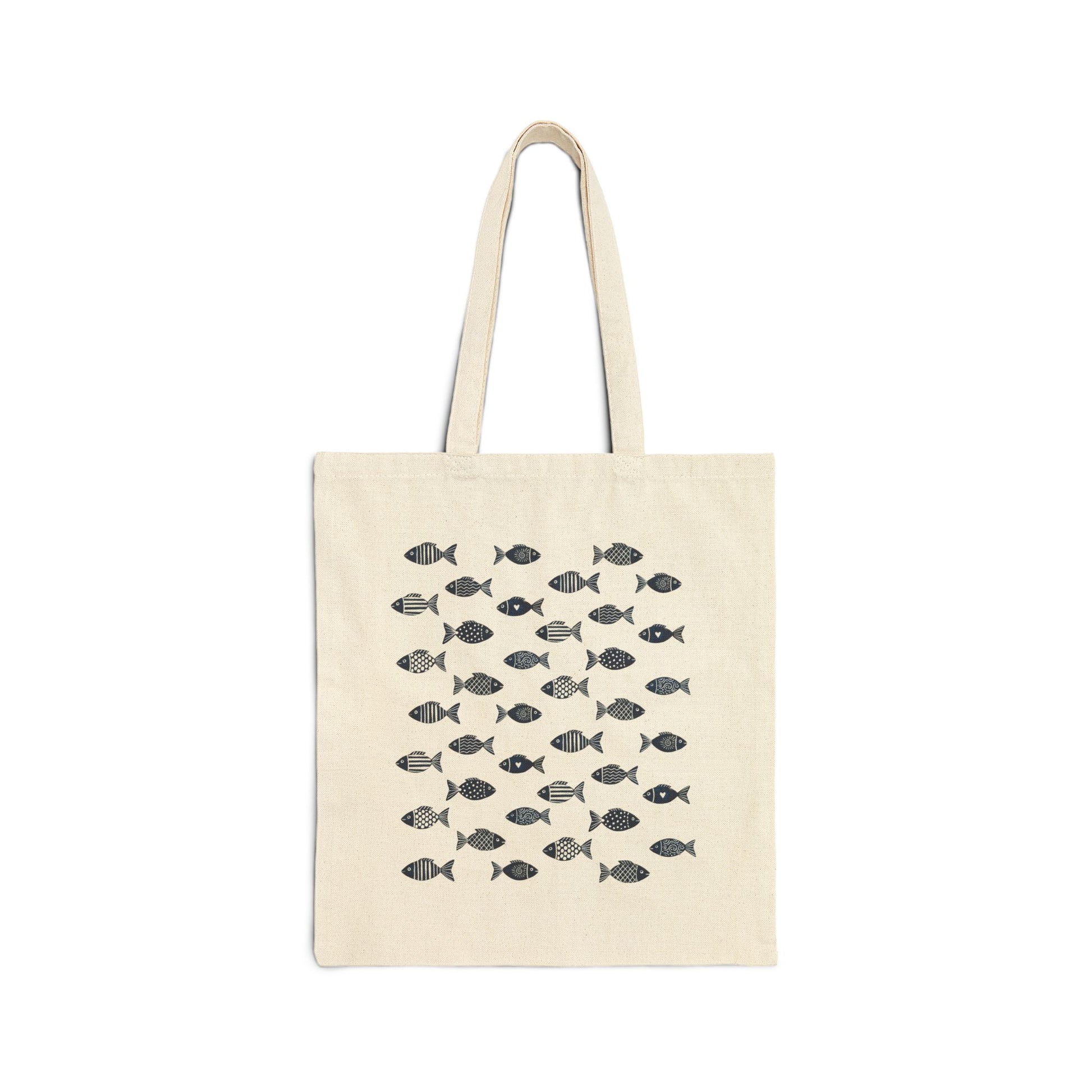Blue fish pattern print, natural canvas cotton tote bag