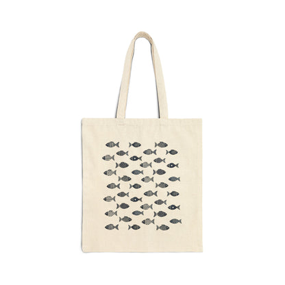 Blue fish pattern print, natural canvas cotton tote bag