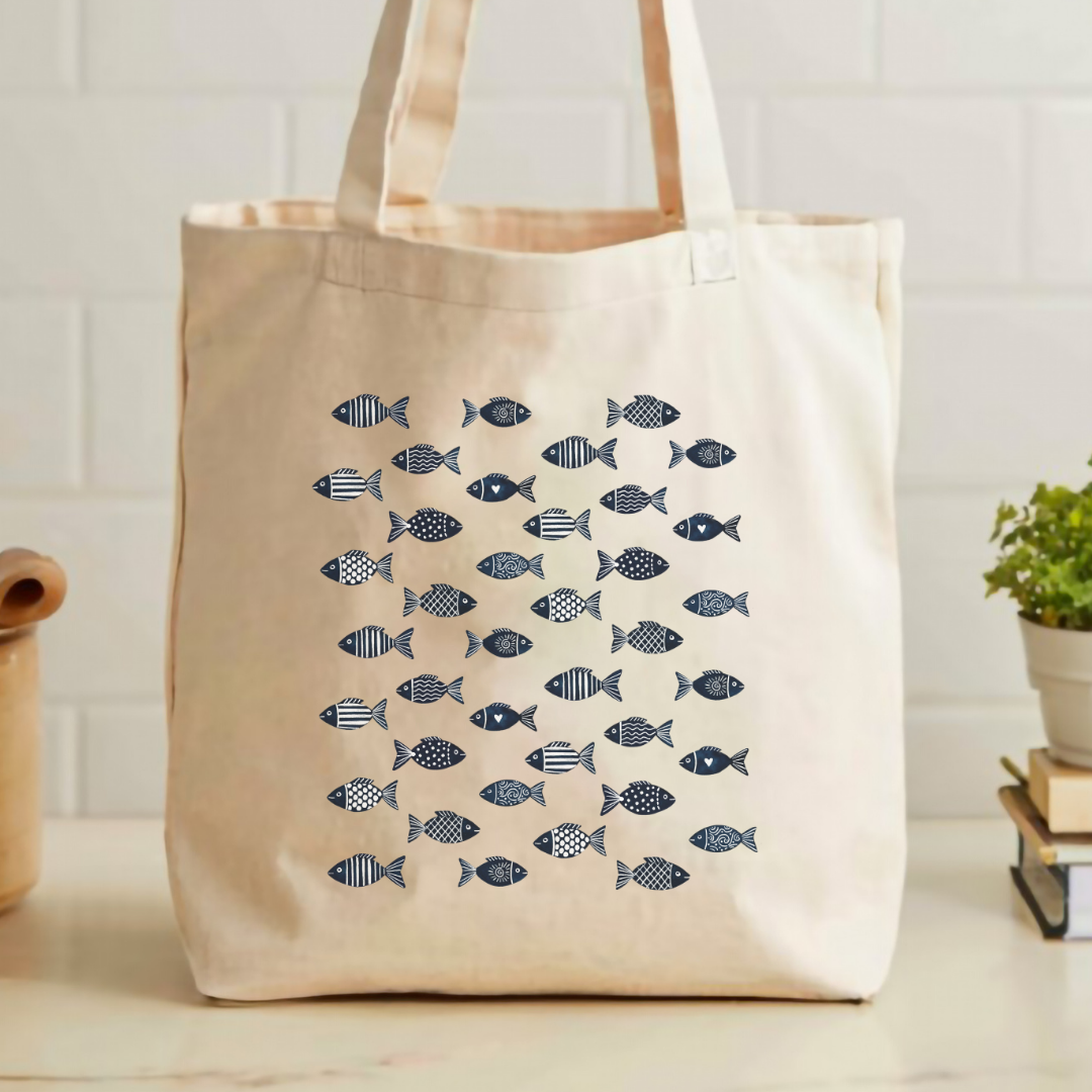 Blue fish pattern print, natural canvas cotton tote bag